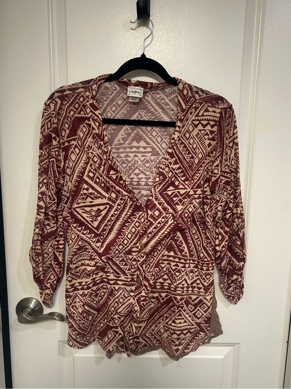 Daytrip Burgundy and Cream Geo-Print V-Neck Tunic